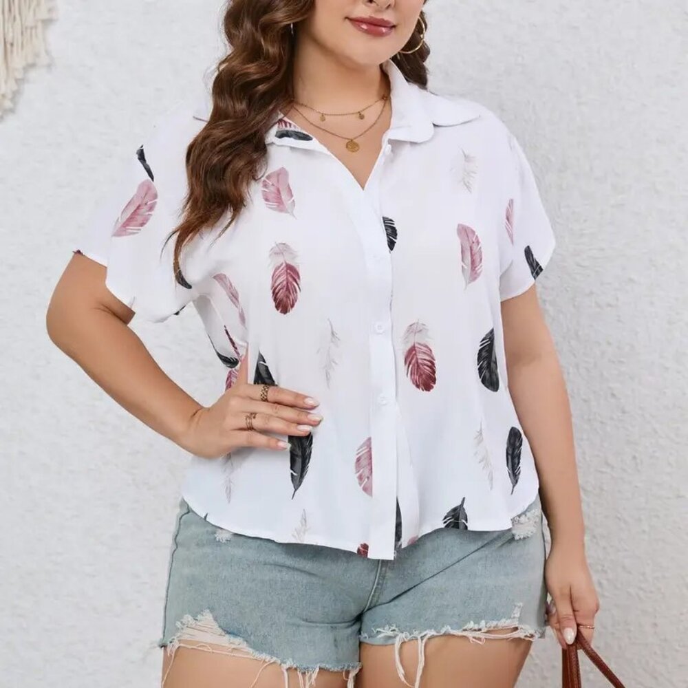 Short sleeve feather print shirt- NWOT - 2xl